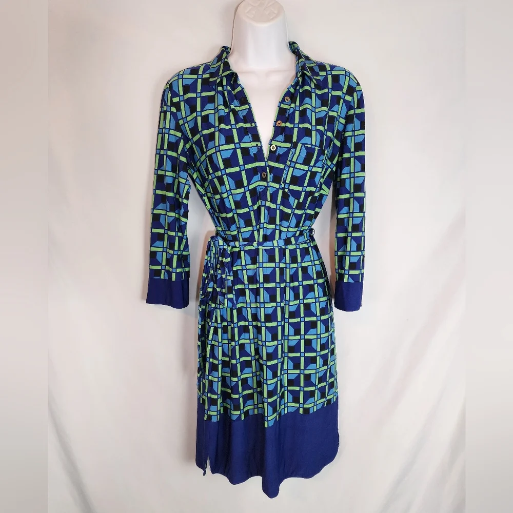 donna morgan blue green dress Donna Morgan Blue GREEN WHITE Fit & Flare, triangles, Dress Sz. 6